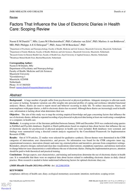 Factors That Influence the Use of Electronic Diaries in Health Care.